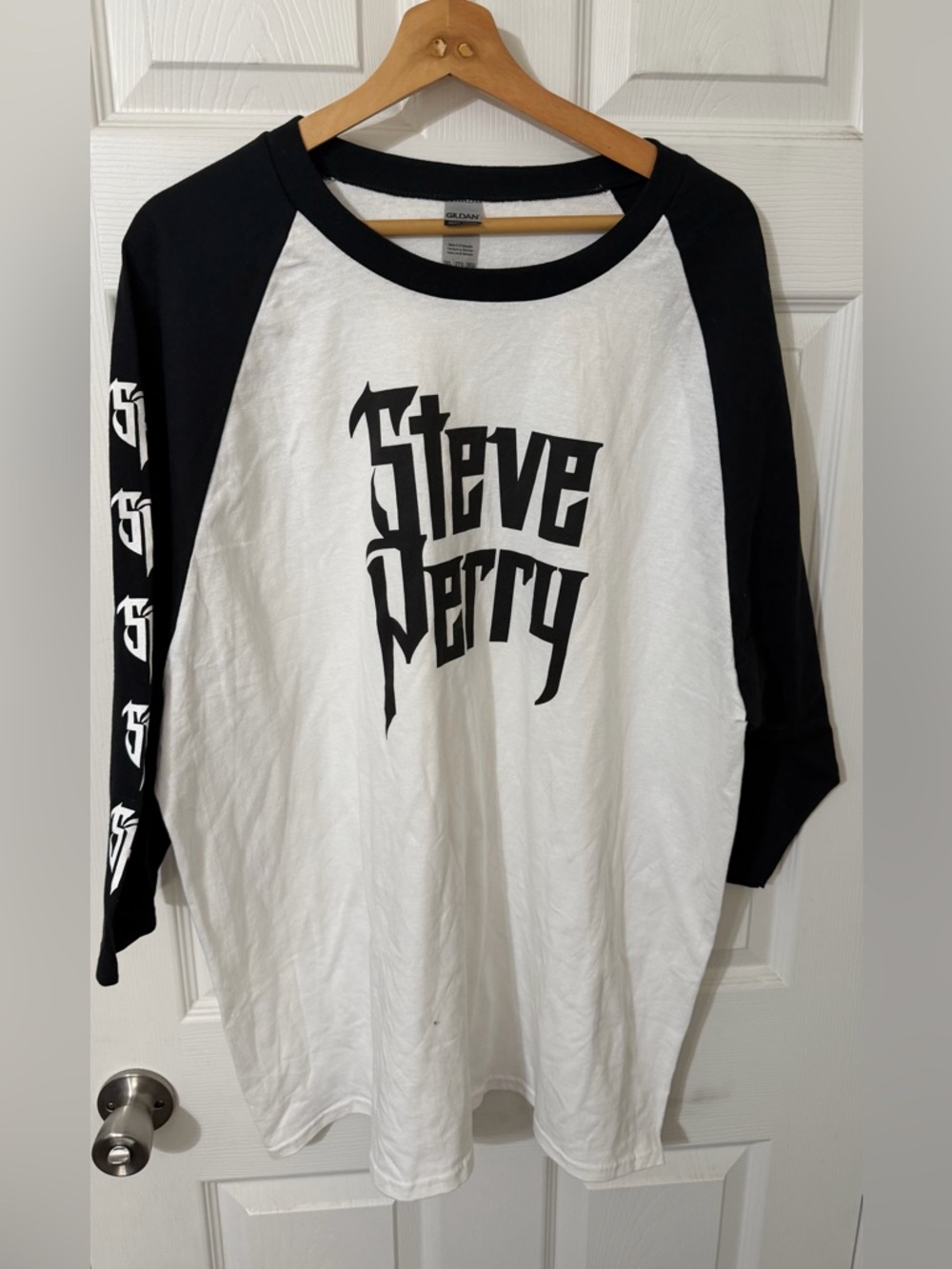 Steve Perry White Tee with Black Raglan Collar and Print